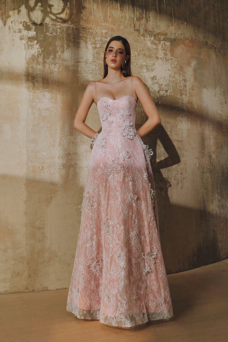A-LINE SPAGHETTI STRAPS GLITTER LACE MAXI DRESS IN PINK | CULT MIA
