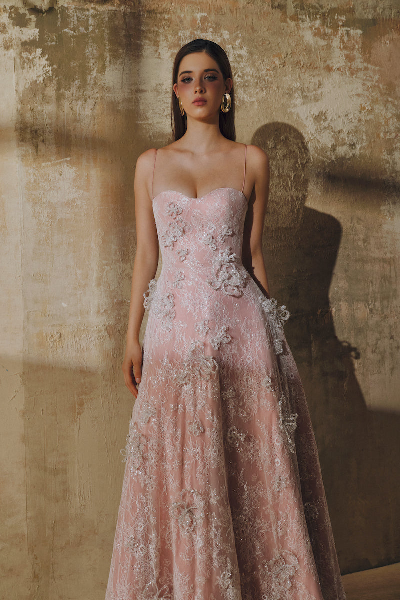 A-LINE SPAGHETTI STRAPS GLITTER LACE MAXI DRESS IN PINK | CULT MIA