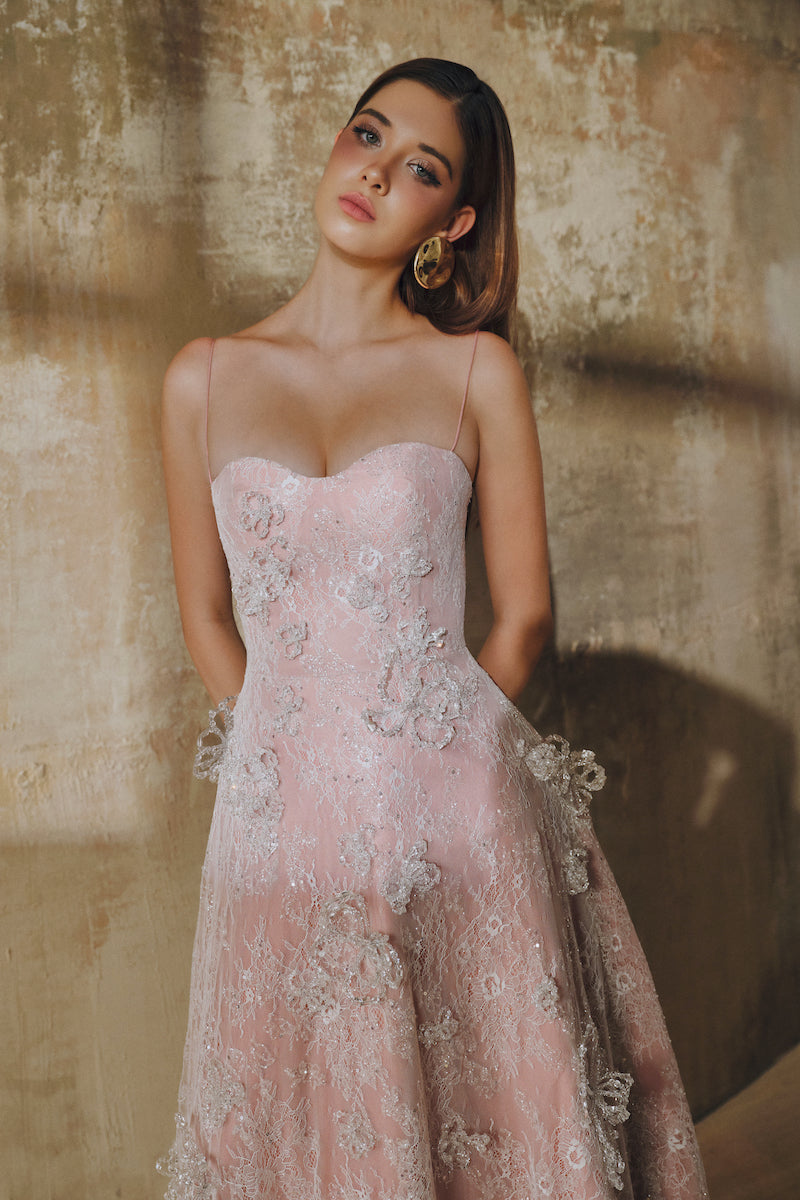 Pink L'SCARLETT A-line spaghetti straps glitter lace maxi dress, flowing design with elegant lace details.