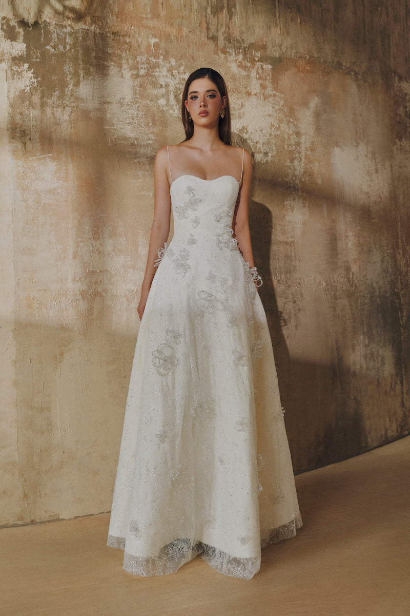 A-LINE SPAGHETTI STRAPS GLITTER LACE MAXI DRESS IN WHITE | CULT MIA