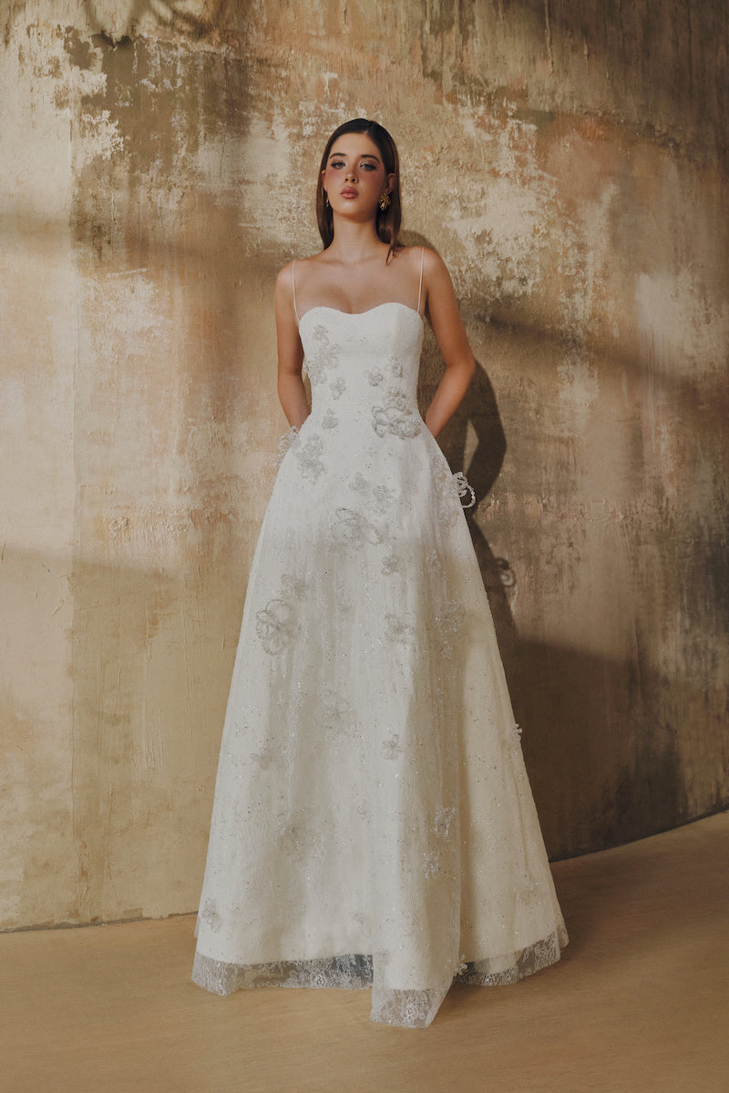 White L'SCARLETT A-line spaghetti straps glitter lace maxi dress, elegant long dress with shimmering accents.