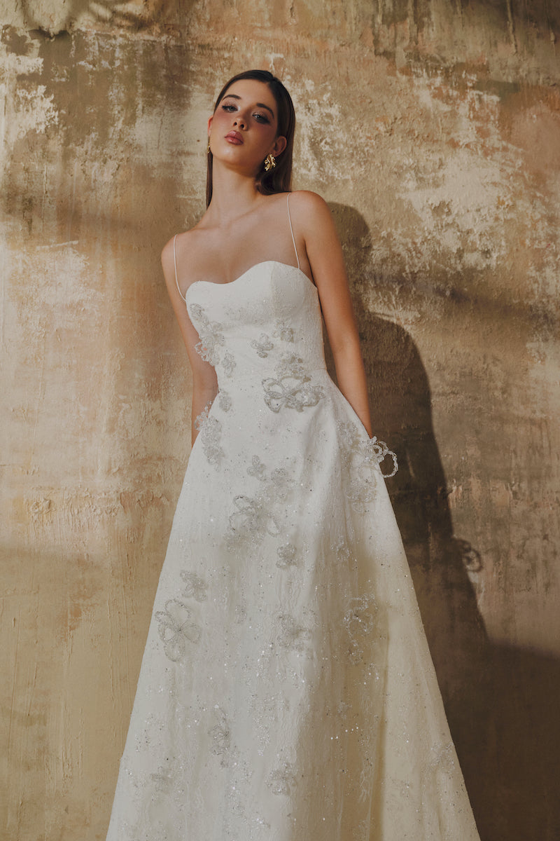 A-LINE SPAGHETTI STRAPS GLITTER LACE MAXI DRESS IN WHITE | CULT MIA