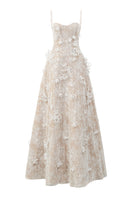 White L'Scarlett A-line spaghetti strap lace gown with intricate gitter lace details, elegant and flowing for formal occasions.