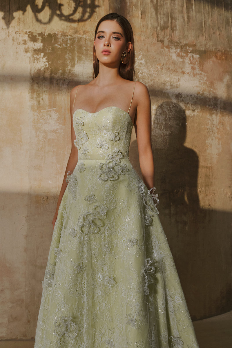 A-LINE SPAGHETTI STRAPS GLITTER LACE MAXI DRESS IN MINT | CULT MIA