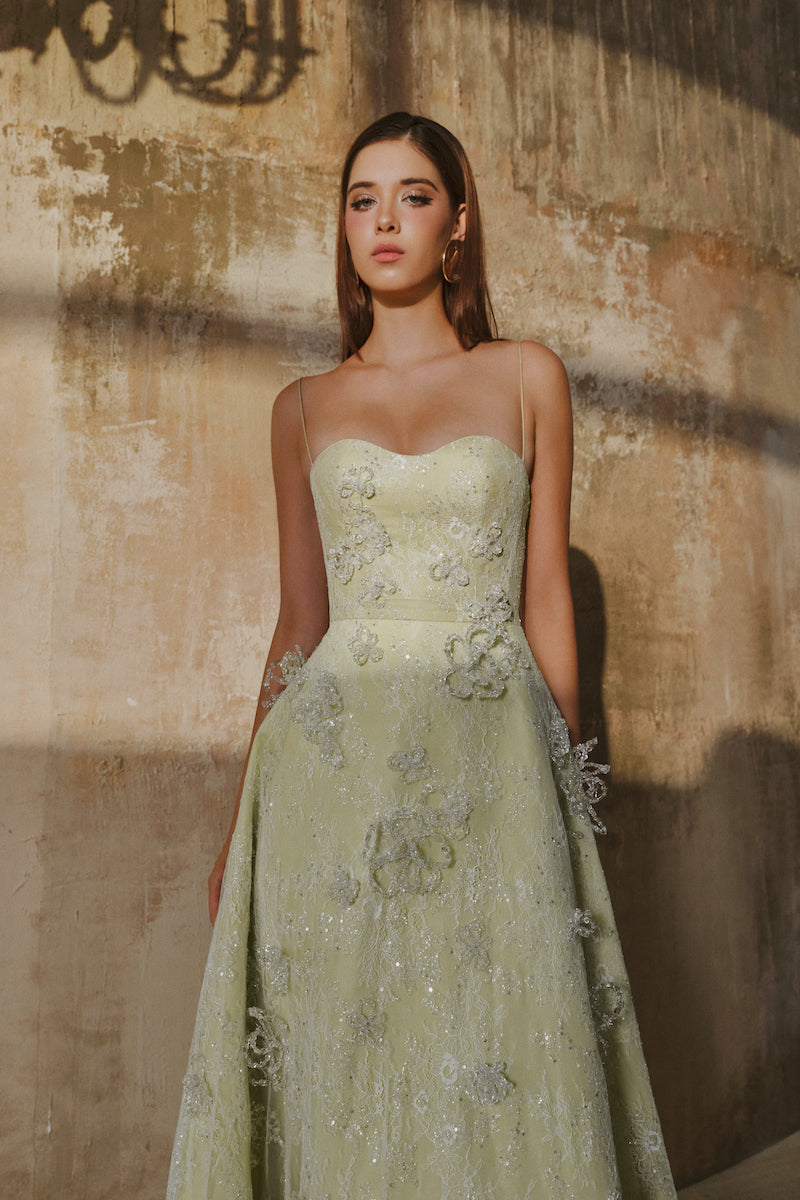 L'SCARLETT mint green glitter lace A-line spaghetti straps maxi dress, elegant and flowing for special occasions.