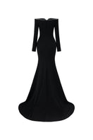 Black long-sleeve poly crepe off-shoulder mermaid gown by L'SCARLETT, featuring fitted silhouette and elegant design.