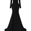 Black long-sleeve poly crepe off-shoulder mermaid gown by L'Scarlett, shown from the front with fitted silhouette and elegant design.
