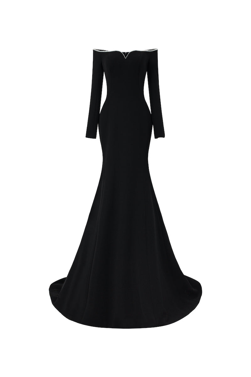 LONG-SLEEVE POLY CREPE OFF-SHOULDER MERMAID GOWN