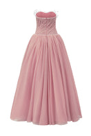 Pink off-shoulder chiffon and mesh gown by L'SCARLETT, featuring flowing fabric and elegant design for formal occasions.
