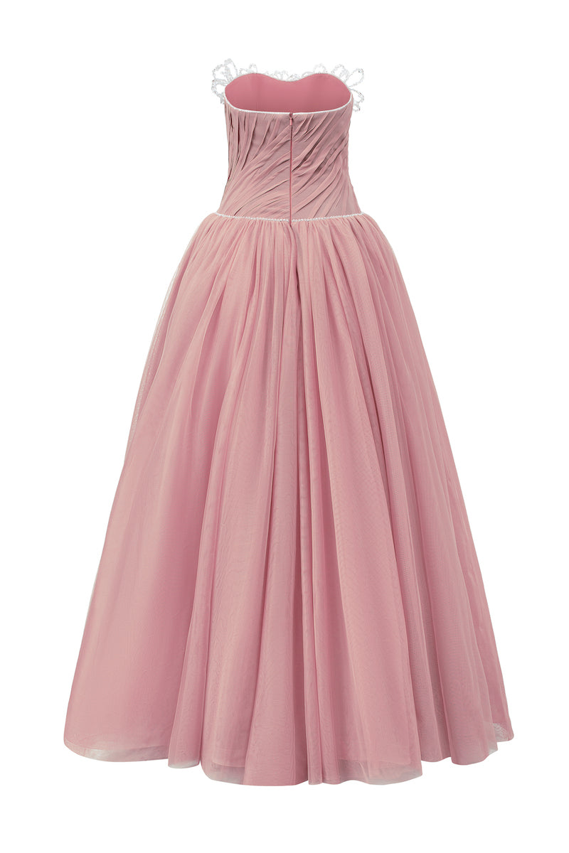 Pink off-shoulder chiffon and mesh gown by L'SCARLETT, featuring flowing fabric and elegant design for formal occasions.