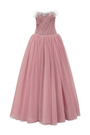 Pink off-shoulder chiffon and mesh gown by L'SCARLETT, flowing fabric with elegant neckline and delicate details.