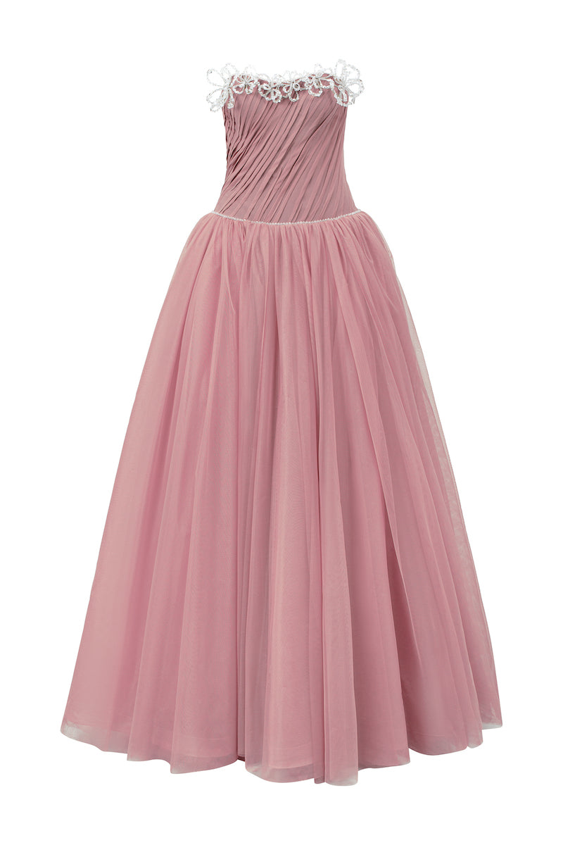 Pink off-shoulder chiffon and mesh gown by L'SCARLETT, flowing fabric with elegant neckline and delicate details.