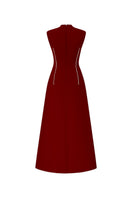 Red sleeveless flared midi dress by L'SCARLETT, showcasing a flowy silhouette and stylish design on a model.