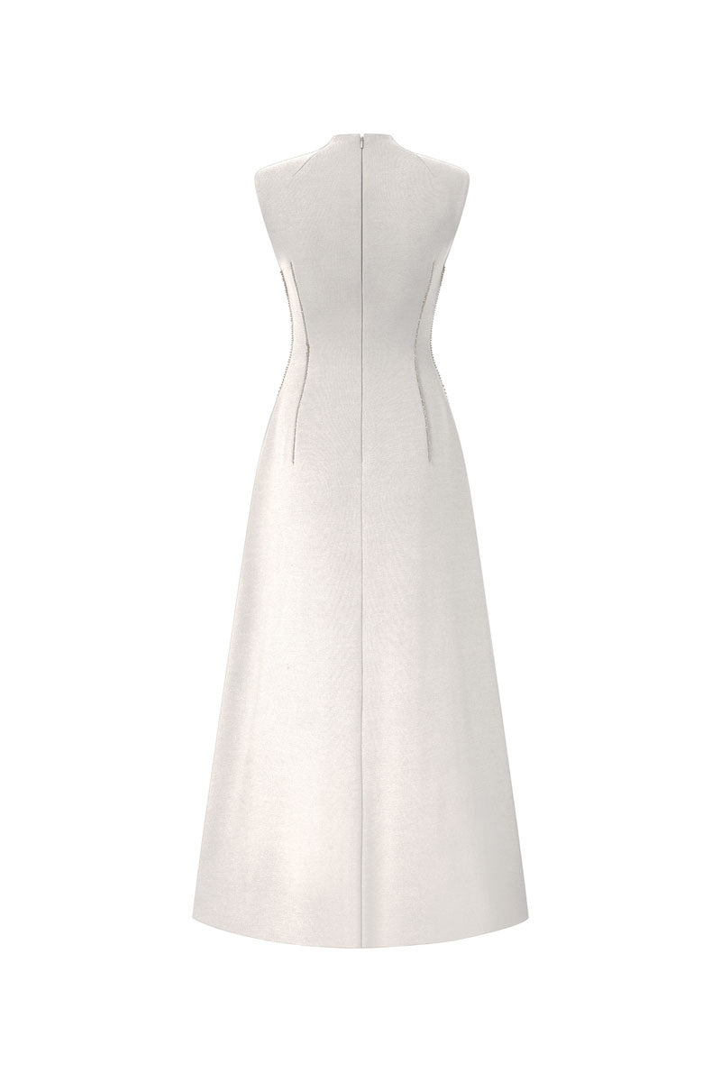 White sleeveless flared midi dress by L'SCARLETT, showcasing a flowy silhouette and elegant design perfect for summer wear.