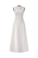 White sleeveless flared midi dress by L'SCARLETT, featuring a fitted bodice and flowing skirt, perfect for elegant occasions.