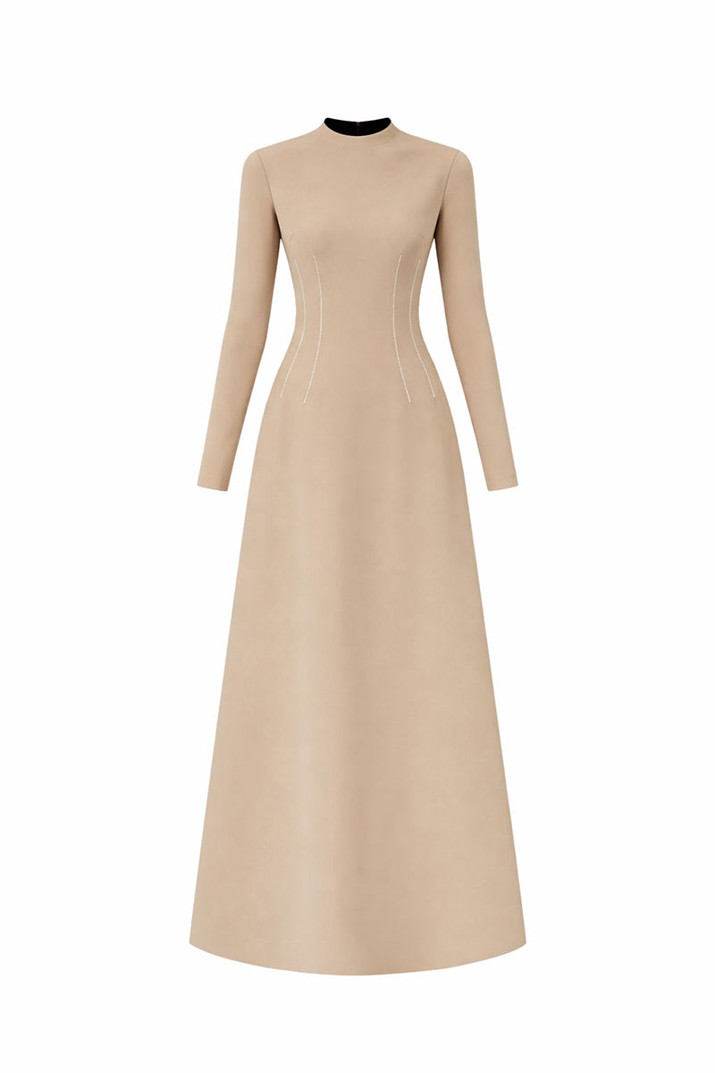 Beige flared long-sleeve midi dress by L'SCARLETT featuring crystal beading and a fitted bodice, front view image.