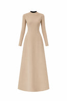 Beige L'SCARLETT flared long-sleeves crystal beading gown with elegant front view and intricate beadwork details.