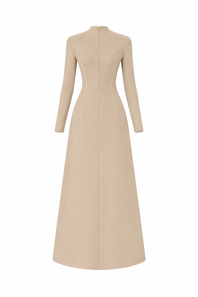 Beige flared long-sleeve midi dress by L'SCARLETT featuring crystal beading and elegant design, front view.