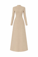 Beige flared long-sleeve gown by L'SCARLETT featuring crystal beading, elegant V-neck front, and flowing silhouette.