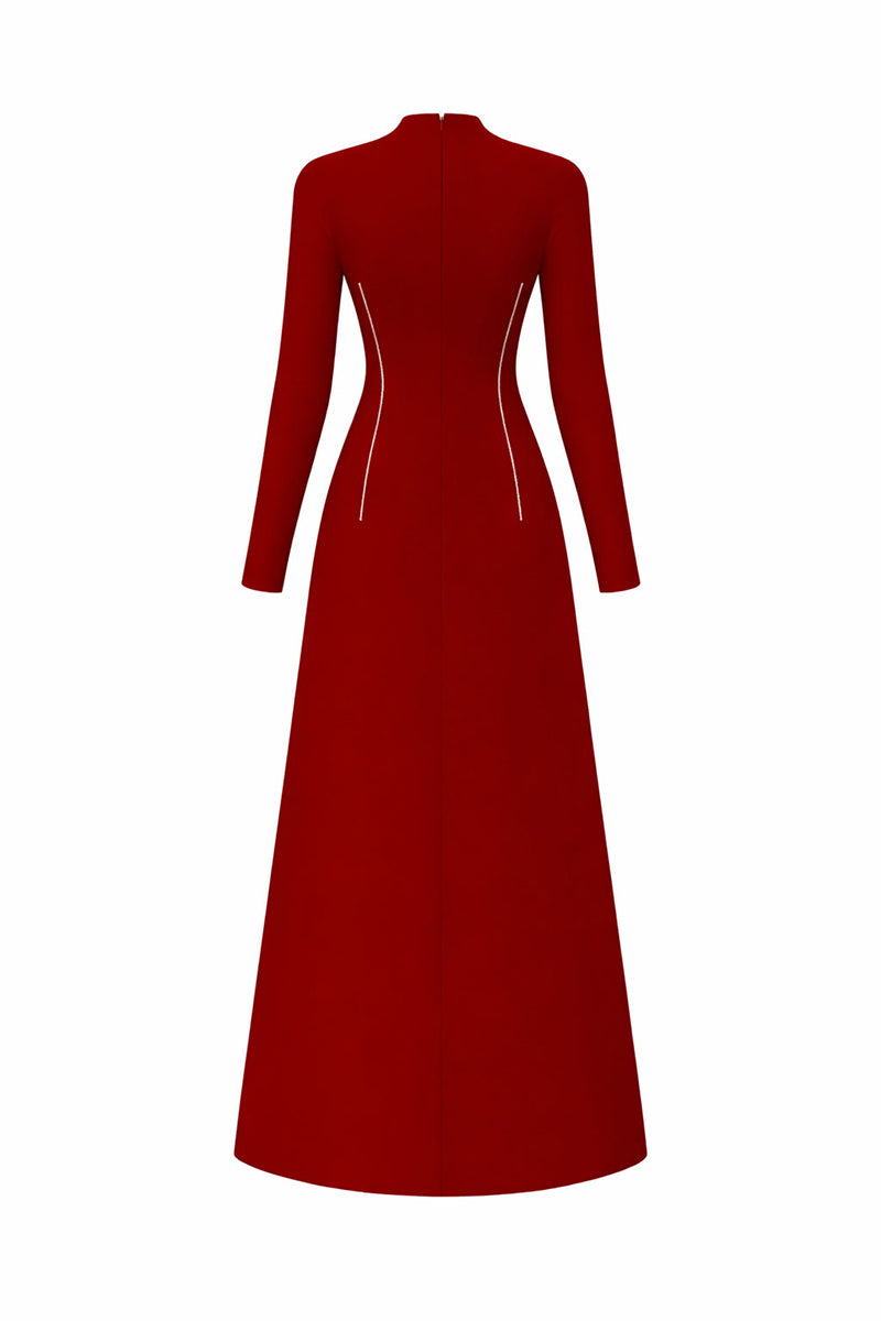 Red flared long-sleeve crystal beading midi dress by L'SCARLETT, shown from the back with elegant detailing.