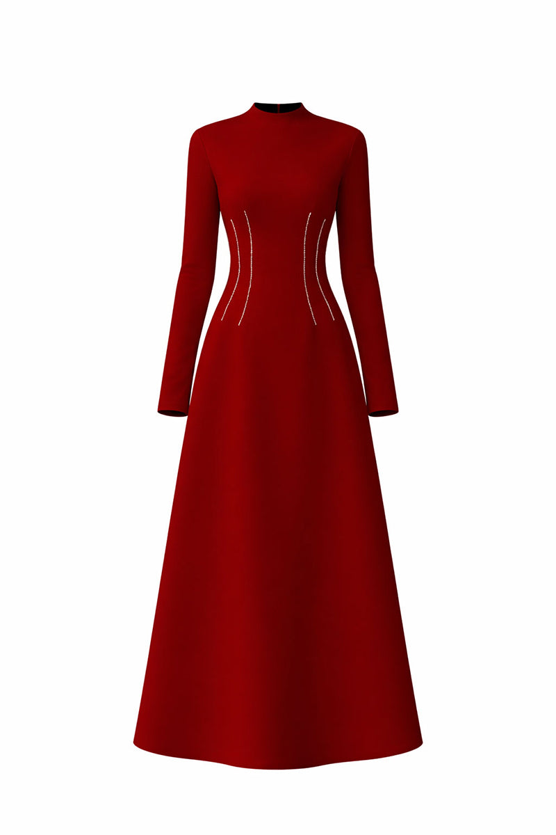 Red flared long-sleeve midi dress by L'SCARLETT featuring crystal beading and a fitted silhouette, shown from the front.