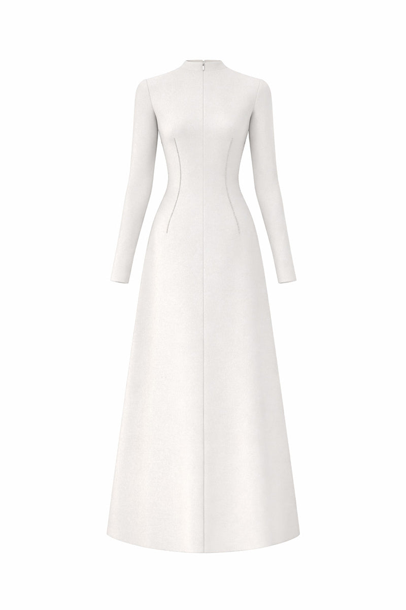 White flared long-sleeve midi dress with crystal beading by L'SCARLETT, shown from the back, elegant and flowing design.