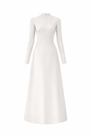 White flared long-sleeve gown with crystal beading by L'SCARLETT, shown from the back with elegant flowing fabric.
