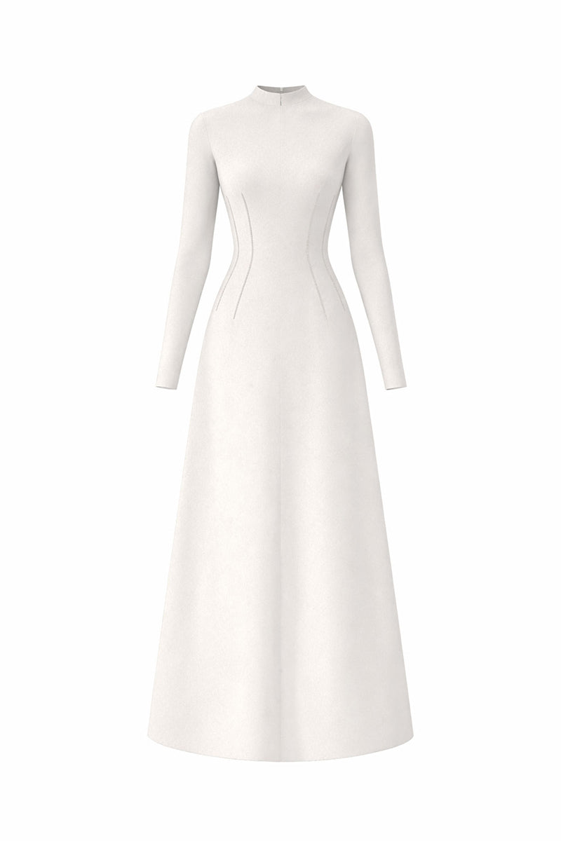 White flared long-sleeve midi dress with crystal beading from L'SCARLETT, front view showcasing elegant design and intricate details.