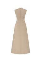 Beige sleeveless flared midi dress by L'SCARLETT, showing flowing fabric and elegant design perfect for stylish occasions.