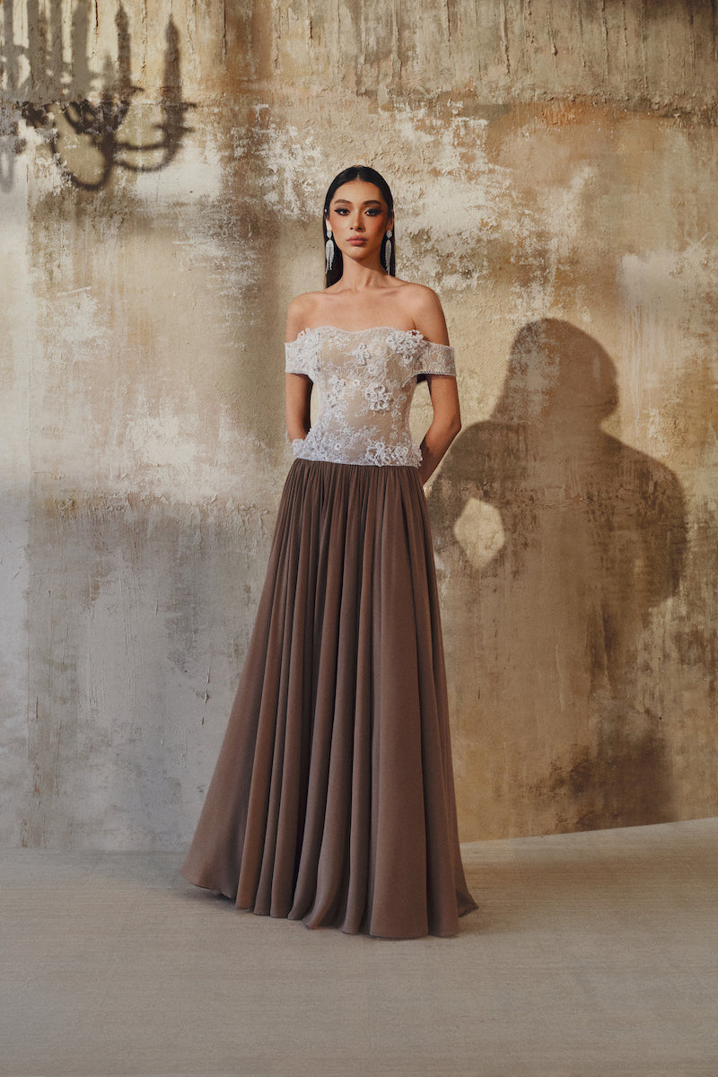 OFF-SHOULDER MAXI DRESS IN GLITTER LACE CHIFFON - CULT MIA