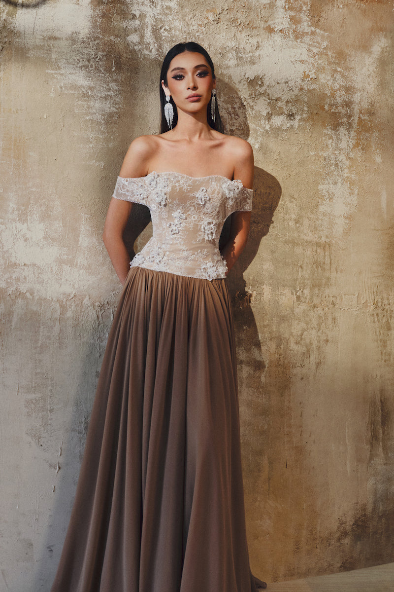 OFF-SHOULDER MAXI DRESS IN GLITTER LACE CHIFFON - CULT MIA