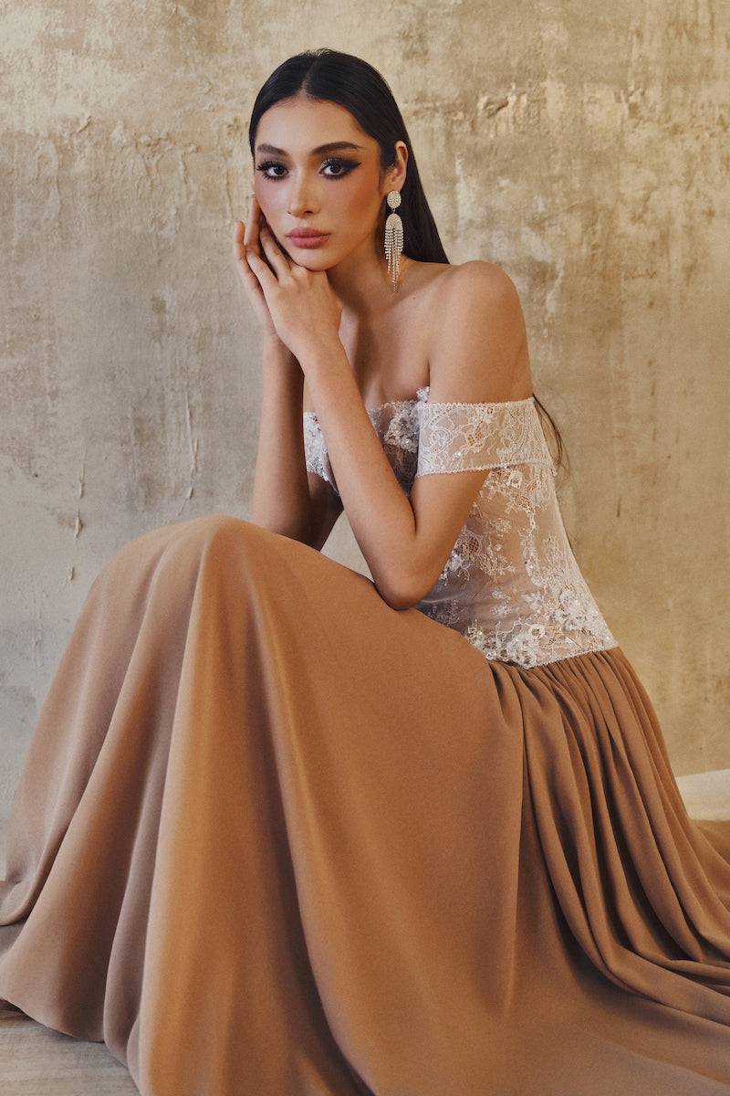 chiffon glitter dress OFF-SHOULDER MAXI DRESS IN GLITTER LACE CHIFFON | L'SCARLETT