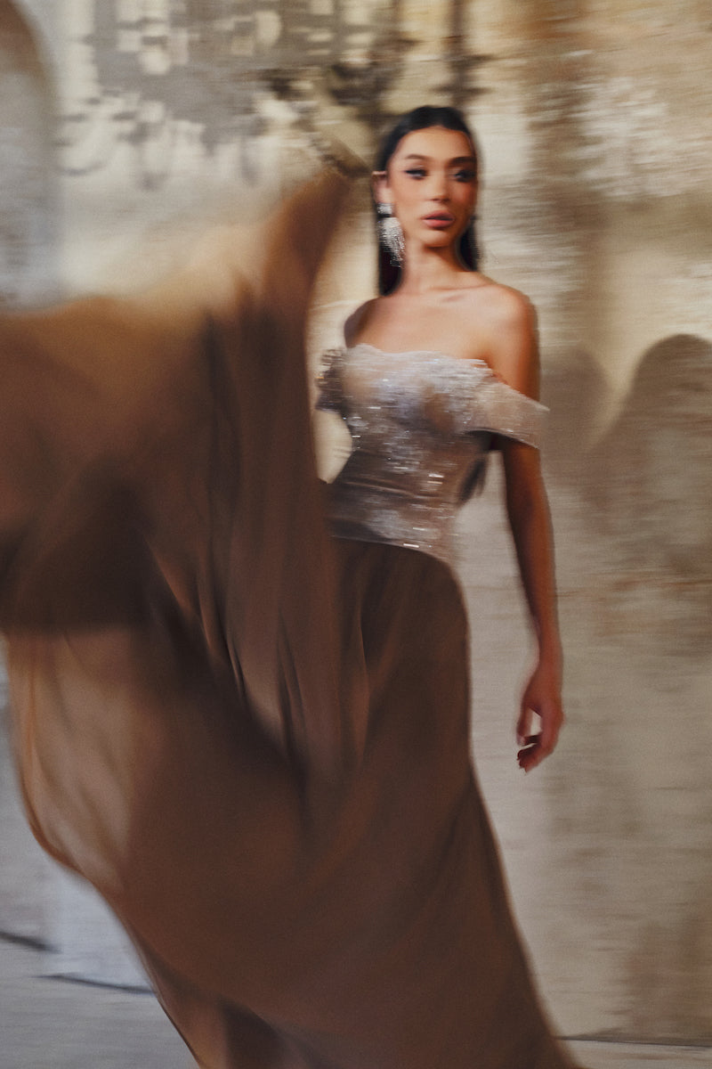 OFF-SHOULDER MAXI DRESS IN GLITTER LACE CHIFFON - CULT MIA