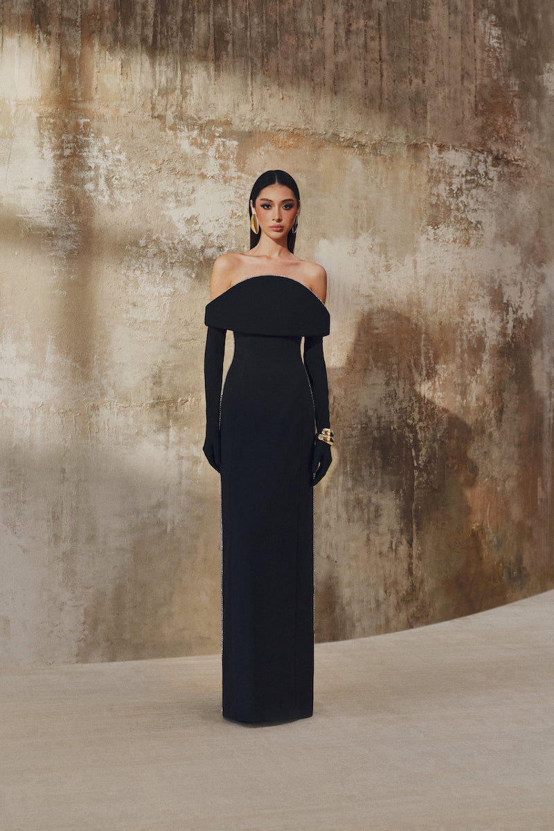 off the shoulder fitted maxi dress OFF-SHOULDER MAXI DRESS