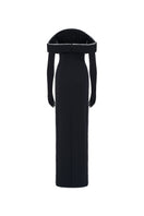 Black off-shoulder gown by L'SCARLETT, featuring elegant neckline and flowing fabric, perfect for formal occasions.
