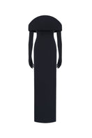 Black off-shoulder gown by L'SCARLETT, featuring a flowing design and elegant neckline, perfect for formal occasions.