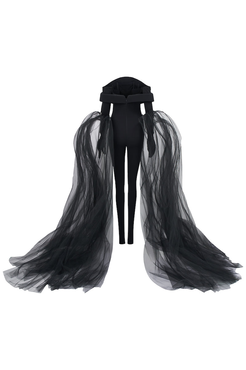 Black L'SCARLETT off-shoulder long-sleeve poly crepe jumpsuit, form-fitting design, displayed on a hanger.