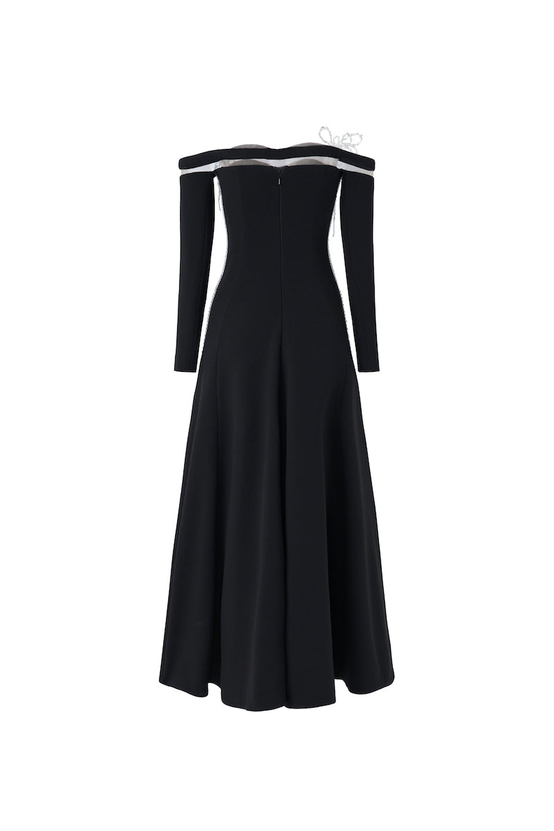 OFF-SHOULDER LONG-SLEEVE POLY CREPE MIDI DRESS | CULT MIA OFF-SHOULDER LONG-SLEEVE POLY CREPE MIDI DRESS | CULT MIA