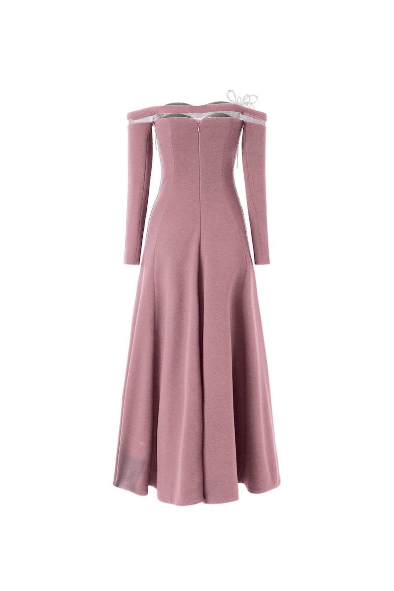 Pink off-shoulder long-sleeve poly crepe gown by L'SCARLETT, featuring a flowing silhouette and elegant design.