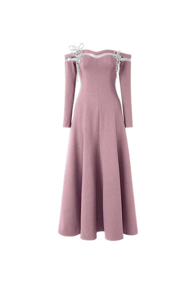 crepe midi dress with sleeves OFF-SHOULDER LONG-SLEEVE POLY CREPE MIDI DRESS | CULT MIA