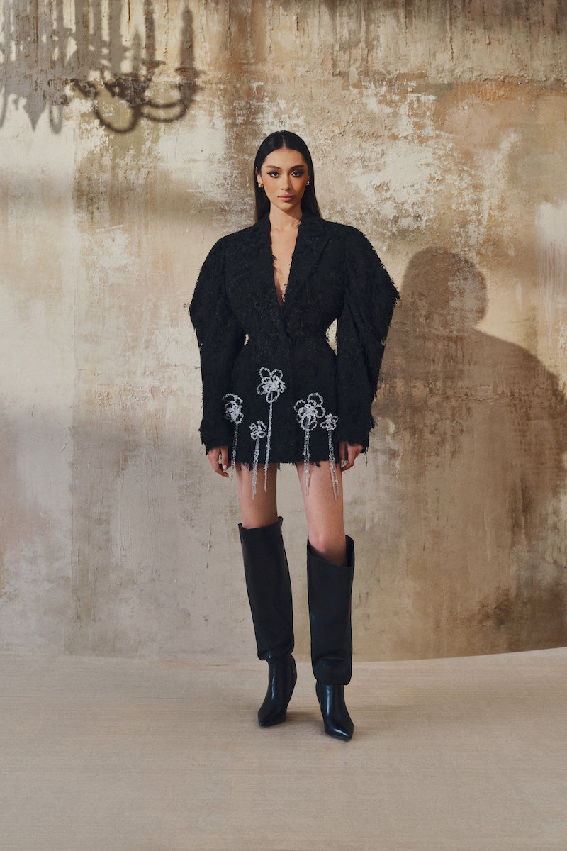 L'SCARLETT long-sleeve mini blazer dress in black, featuring tailored fit and stylish lapel collar, suitable for chic occasions.