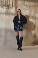 L'SCARLETT long-sleeve mini blazer dress in black, featuring a tailored fit and classic lapel collar, perfect for chic occasions.