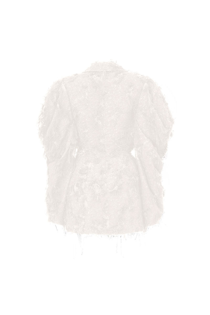 White long-sleeve mini blazer dress by L'SCARLETT, featuring a tailored fit and stylish lapel collar.