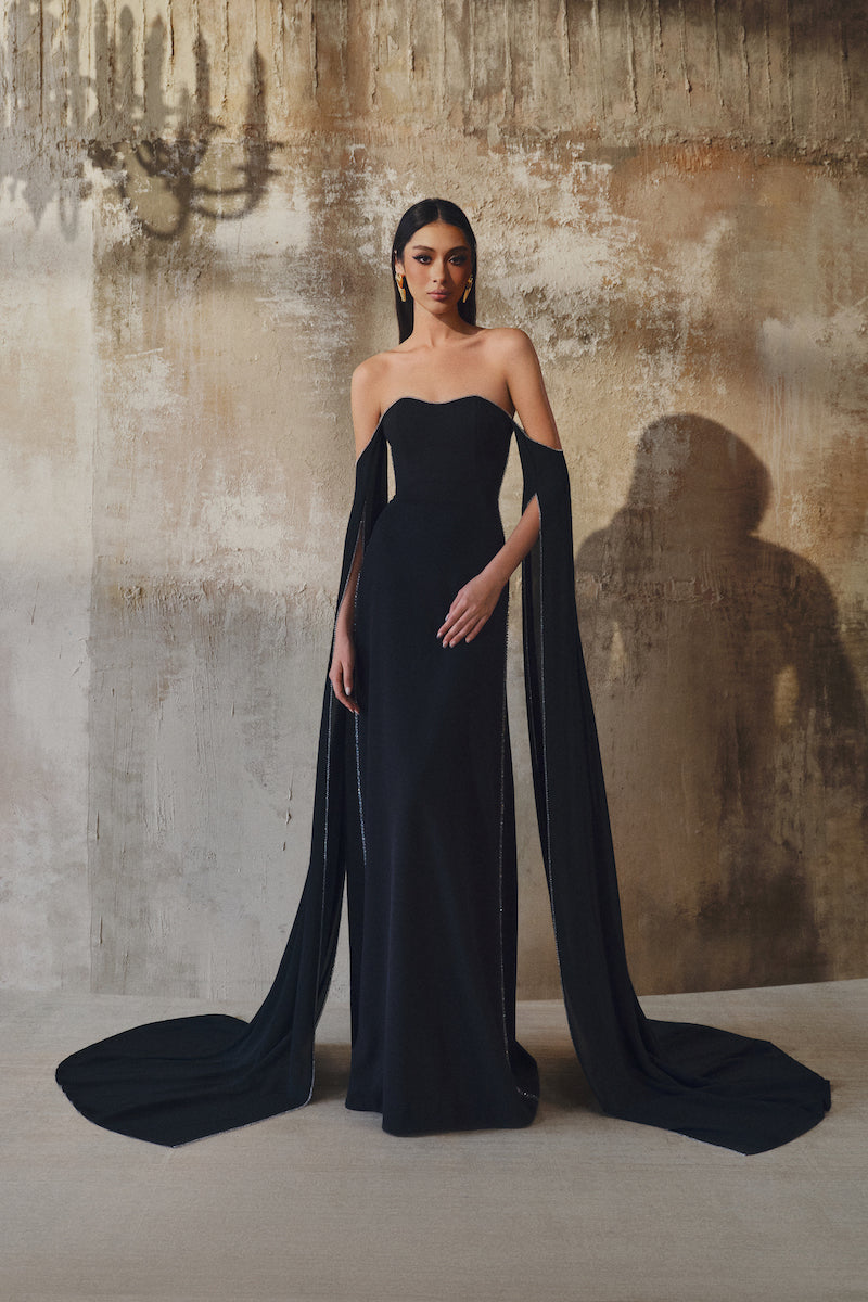 OFF-SHOULDER MAXI DRESS WITH SHEER SLEEVES OFF-SHOULDER MAXI DRESS WITH SHEER SLEEVES