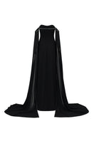 Black off-shoulder gown with sheer sleeves from L'SCARLETT, elegant floor-length dress for formal occasions.