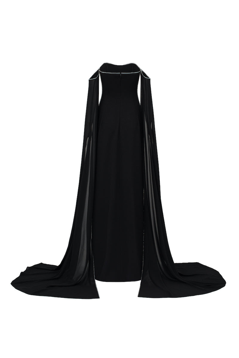 Black off-shoulder gown with sheer sleeves from L'SCARLETT, elegant floor-length dress for formal occasions.