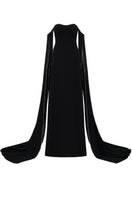 Black off-shoulder gown with sheer sleeves by L'SCARLETT, featuring elegant fabric and a flowing silhouette.