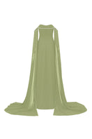 Elegant green off-shoulder gown with sheer sleeves by L'SCARLETT, featuring flowing fabric and a stylish design.
