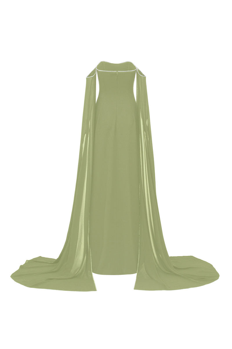 Elegant green off-shoulder gown with sheer sleeves by L'SCARLETT, featuring flowing fabric and a stylish design.