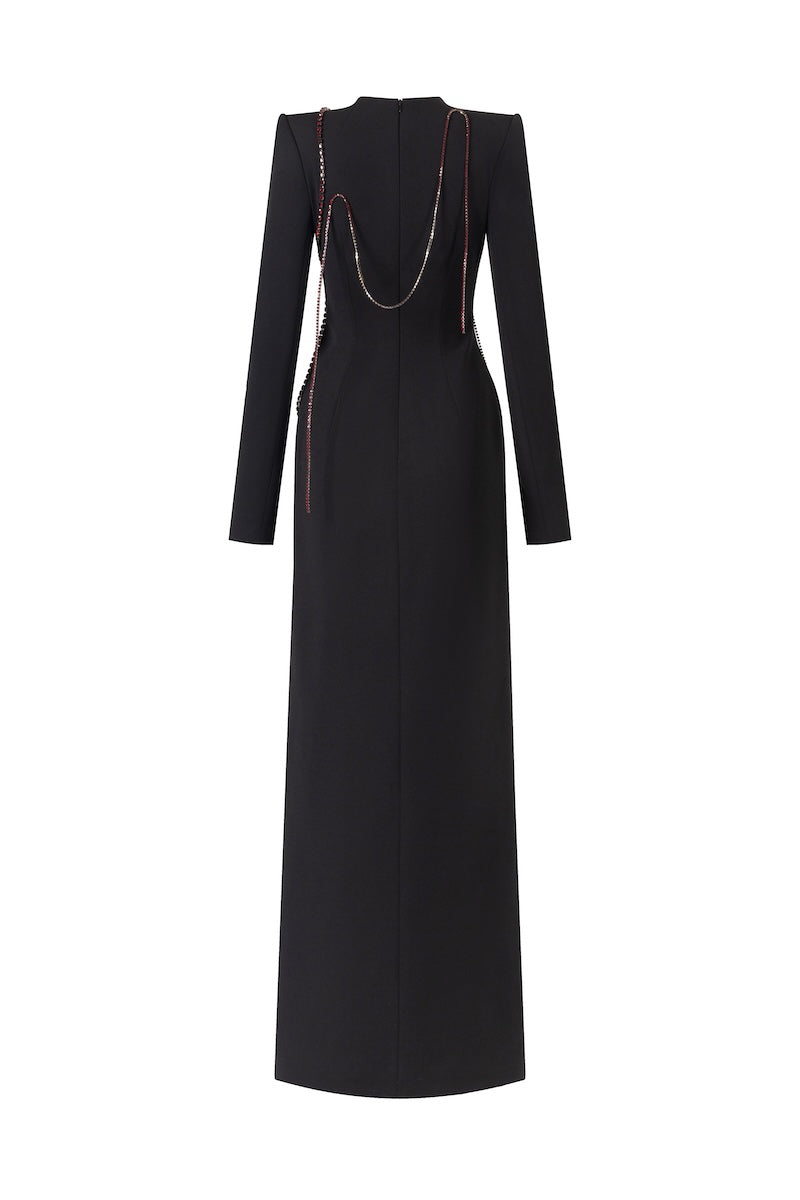 Black long-sleeve maxi dress with heart beading front slit, L'SCARLETT brand, shown from the back in this elegant evening gown.